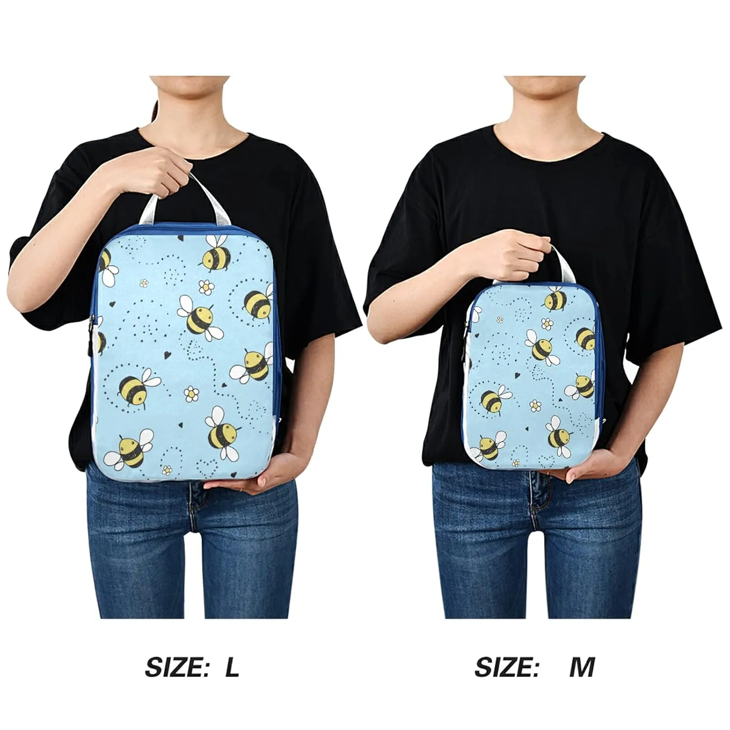Cartoon Doodle Cute Flying Bees Seamless Line Flowers on Turquoise 3 Set Packing Cubes, Waterproof Check Oxford cloth Organizers, Travel Packing Toiletry Storage Bag