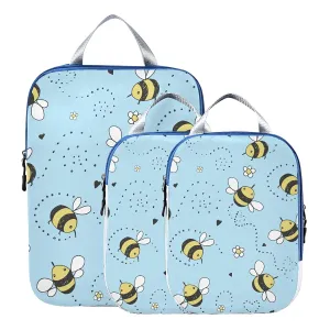 Cartoon Doodle Cute Flying Bees Seamless Line Flowers on Turquoise 3 Set Packing Cubes, Waterproof Check Oxford cloth Organizers, Travel Packing Toiletry Storage Bag