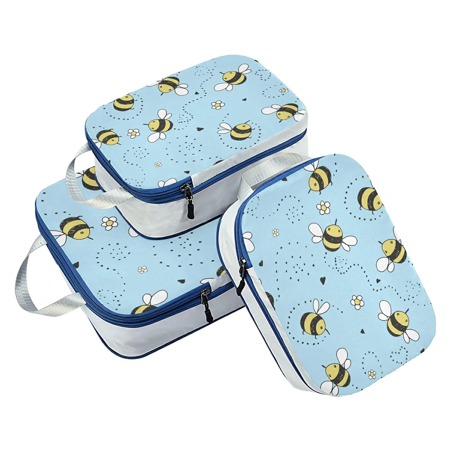 Cartoon Doodle Cute Flying Bees Seamless Line Flowers on Turquoise 3 Set Packing Cubes, Waterproof Check Oxford cloth Organizers, Travel Packing Toiletry Storage Bag