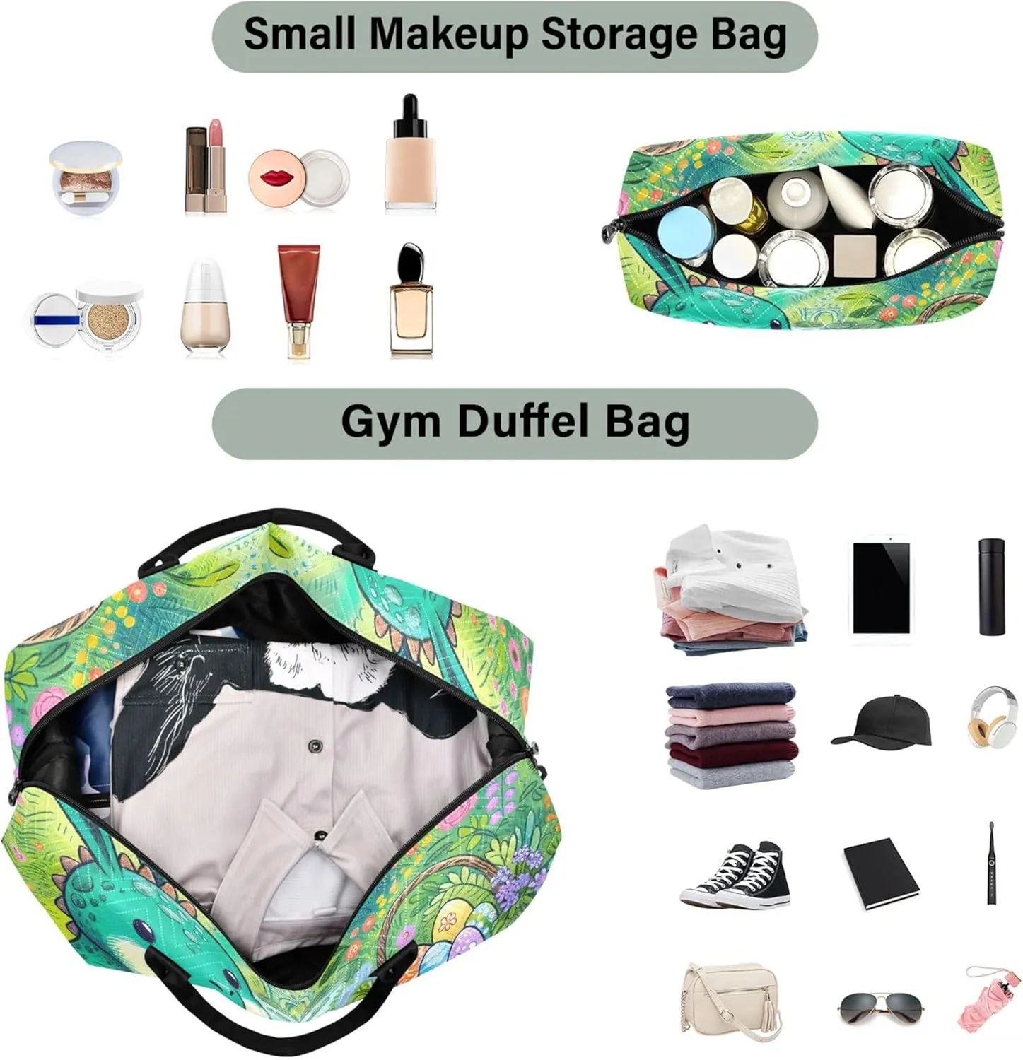 Cartoon Easter Bunny Dino Eggs Duffel Bags for Traveling Cosmetic Bag Set of 2, Flower Women Gym Tote Bags Traveling Bags