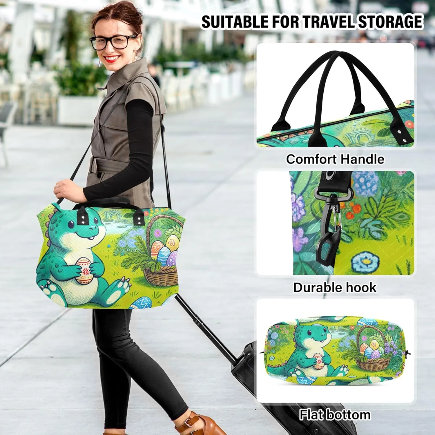 Cartoon Easter Bunny Dino Eggs Duffel Bags for Traveling Cosmetic Bag Set of 2, Flower Women Gym Tote Bags Traveling Bags
