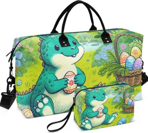 Cartoon Easter Bunny Dino Eggs Duffel Bags for Traveling Cosmetic Bag Set of 2, Flower Women Gym Tote Bags Traveling Bags