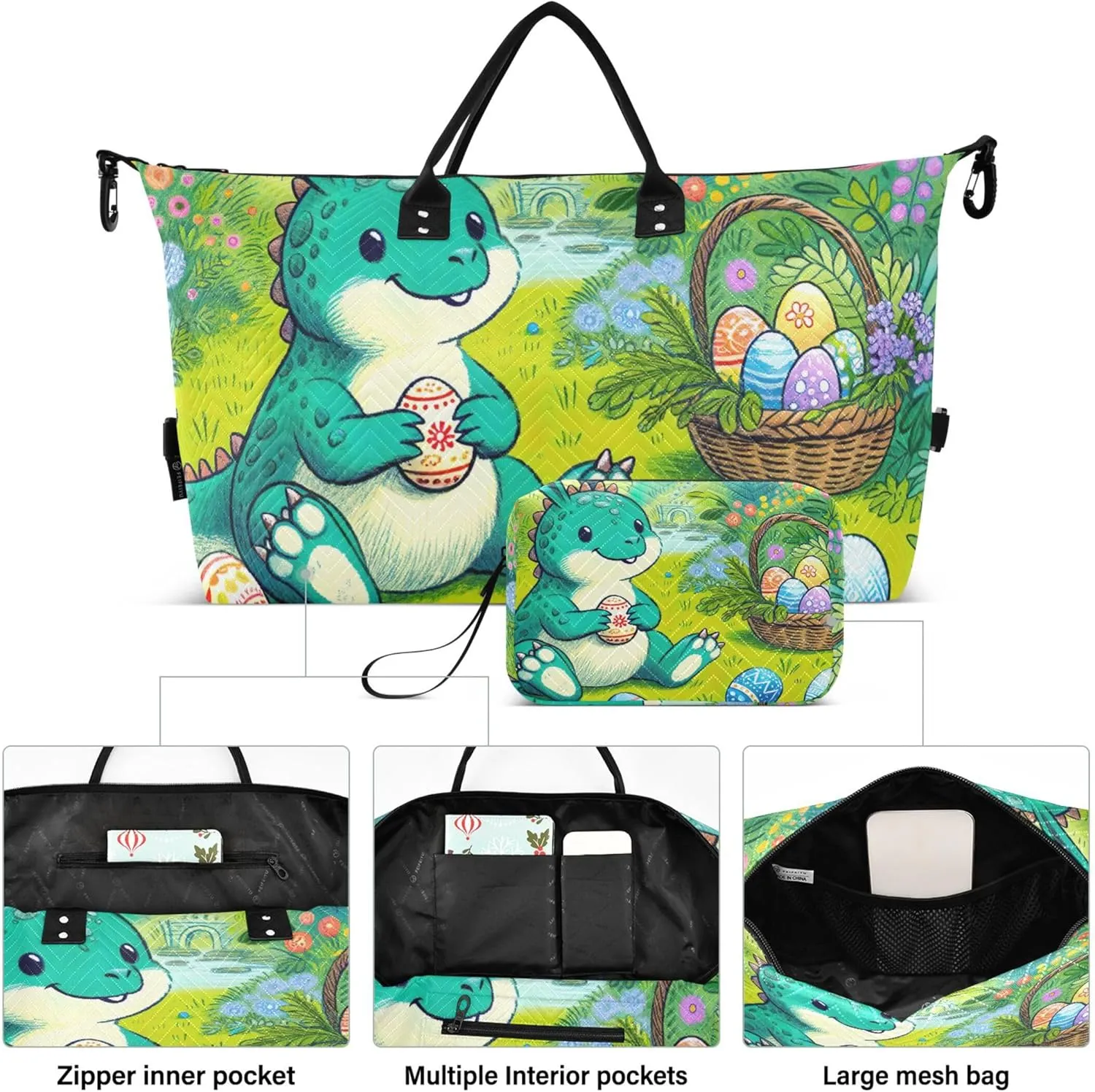 Cartoon Easter Bunny Dino Eggs Duffel Bags for Traveling Cosmetic Bag Set of 2, Flower Women Gym Tote Bags Traveling Bags