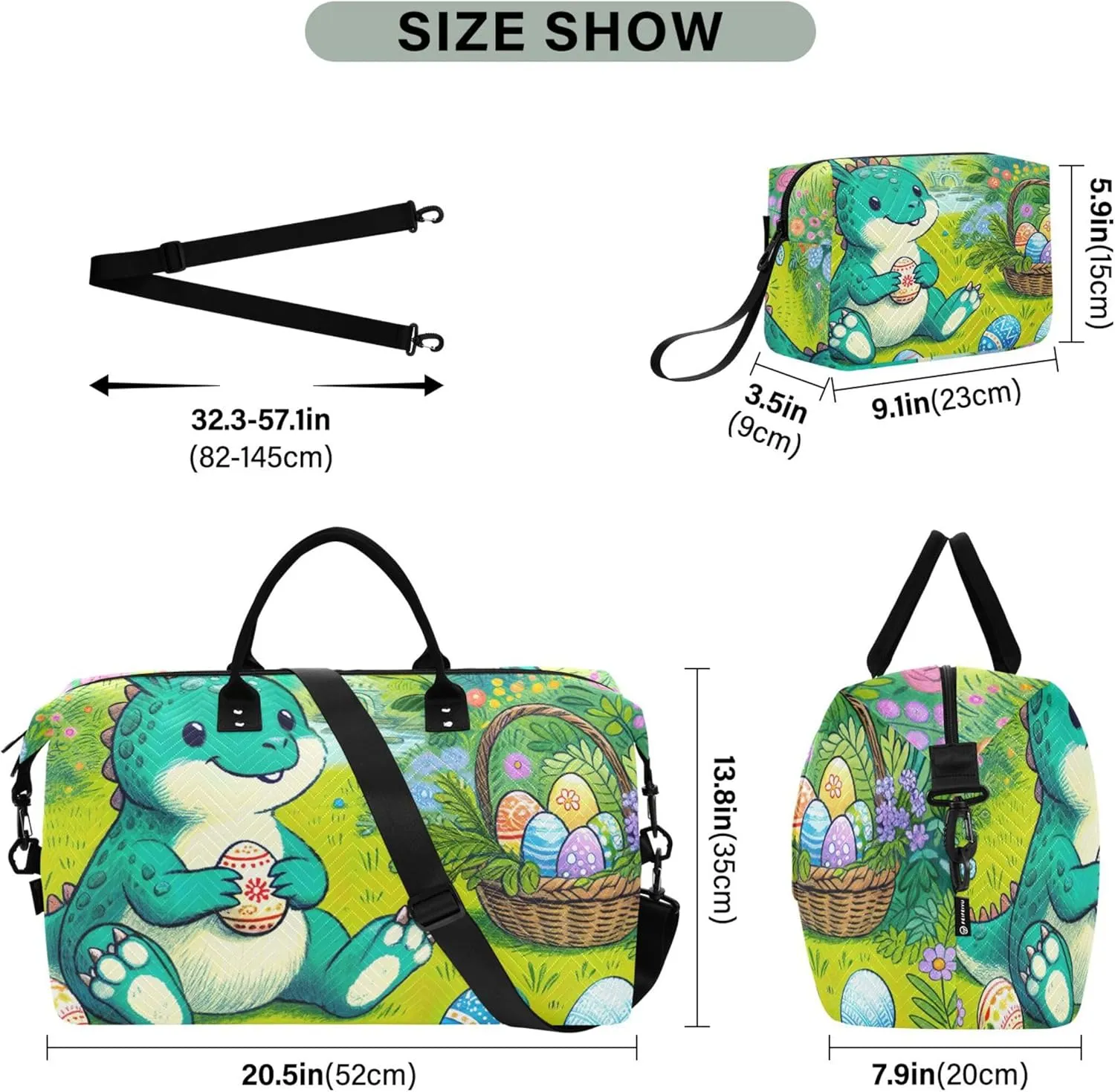 Cartoon Easter Bunny Dino Eggs Duffel Bags for Traveling Cosmetic Bag Set of 2, Flower Women Gym Tote Bags Traveling Bags