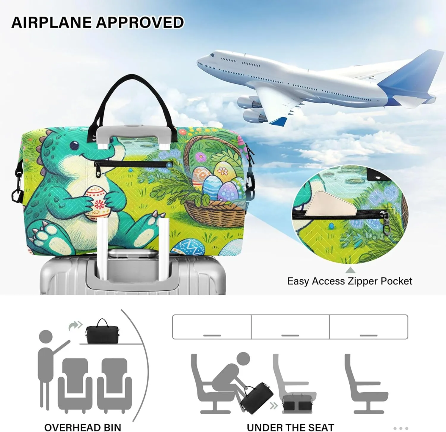 Cartoon Easter Bunny Dino Eggs Duffel Bags for Traveling Cosmetic Bag Set of 2, Flower Women Gym Tote Bags Traveling Bags