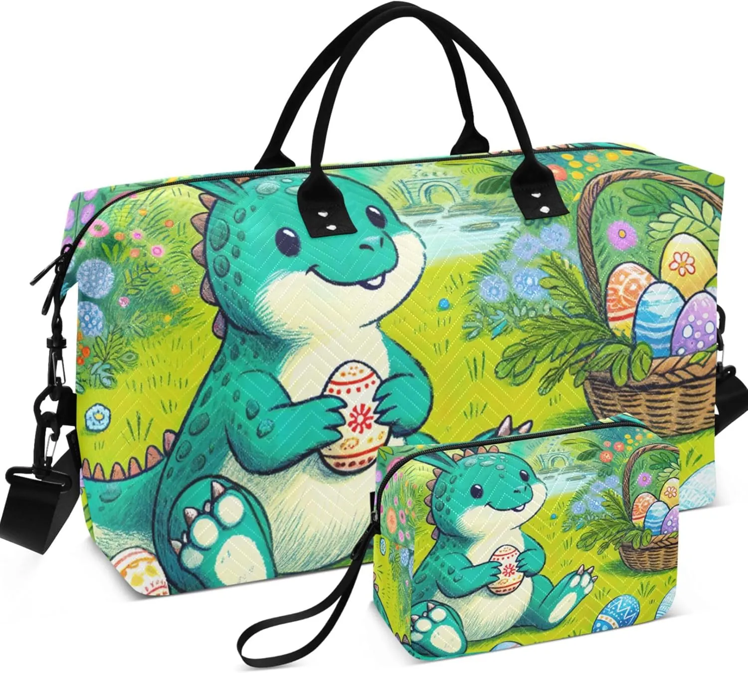 Cartoon Easter Bunny Dino Eggs Duffel Bags for Traveling Cosmetic Bag Set of 2, Flower Women Gym Tote Bags Traveling Bags