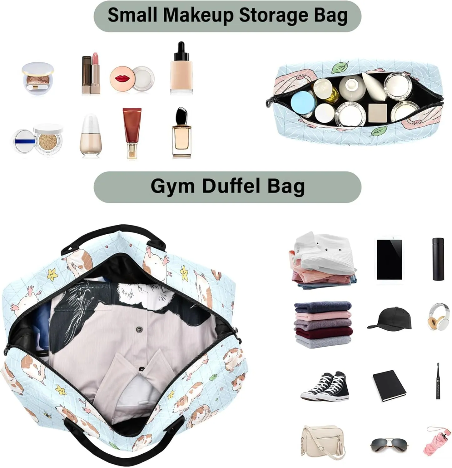 Cartoon Guinea Pigs Plaid Duffel Bag for Travel Toiletry Bags Set, Fun Women Luggage Set Traveling Bags