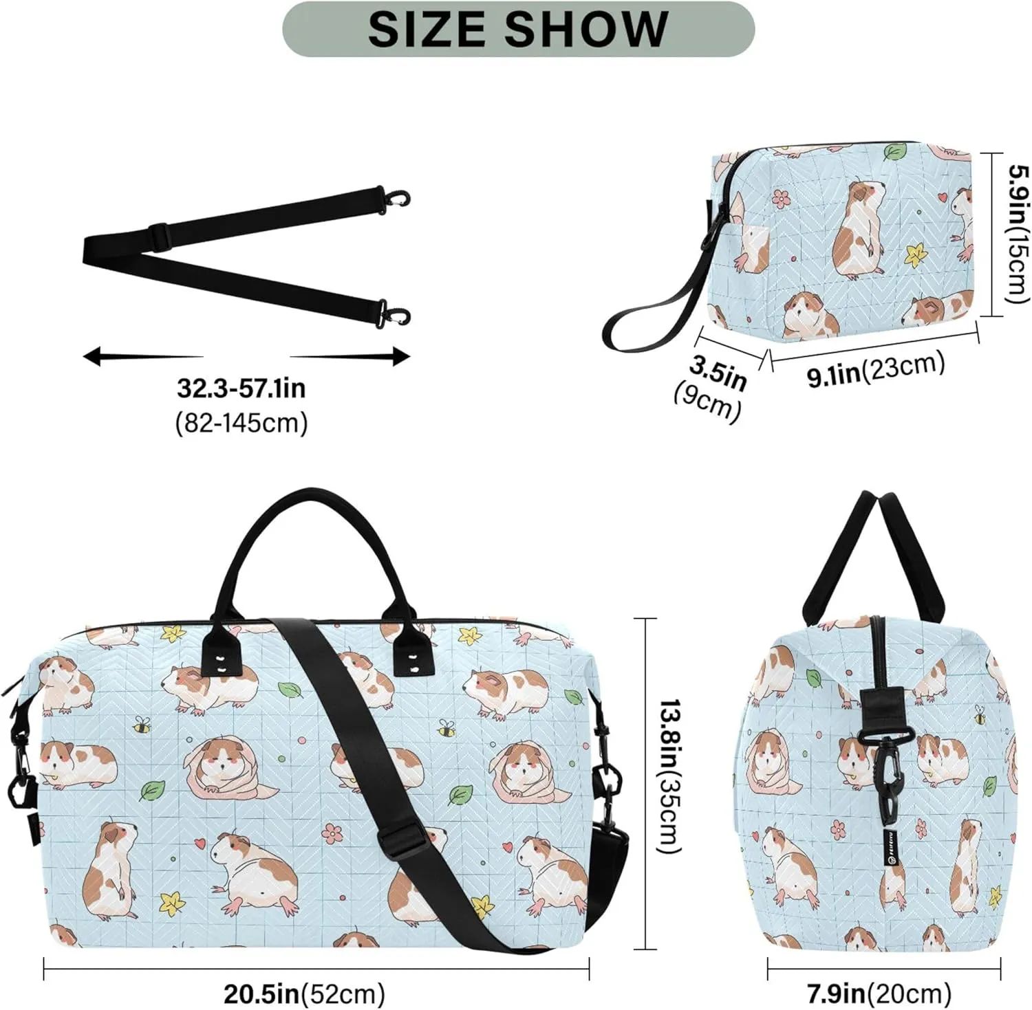 Cartoon Guinea Pigs Plaid Duffel Bag for Travel Toiletry Bags Set, Fun Women Luggage Set Traveling Bags