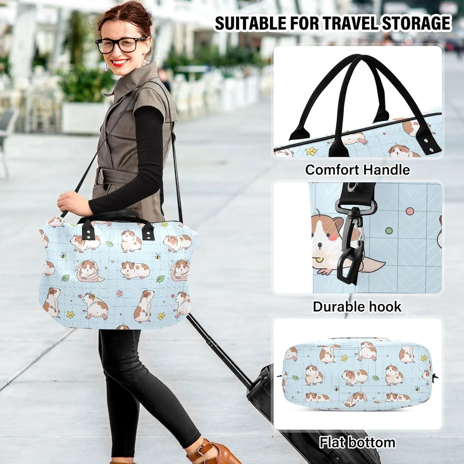 Cartoon Guinea Pigs Plaid Duffel Bag for Travel Toiletry Bags Set, Fun Women Luggage Set Traveling Bags
