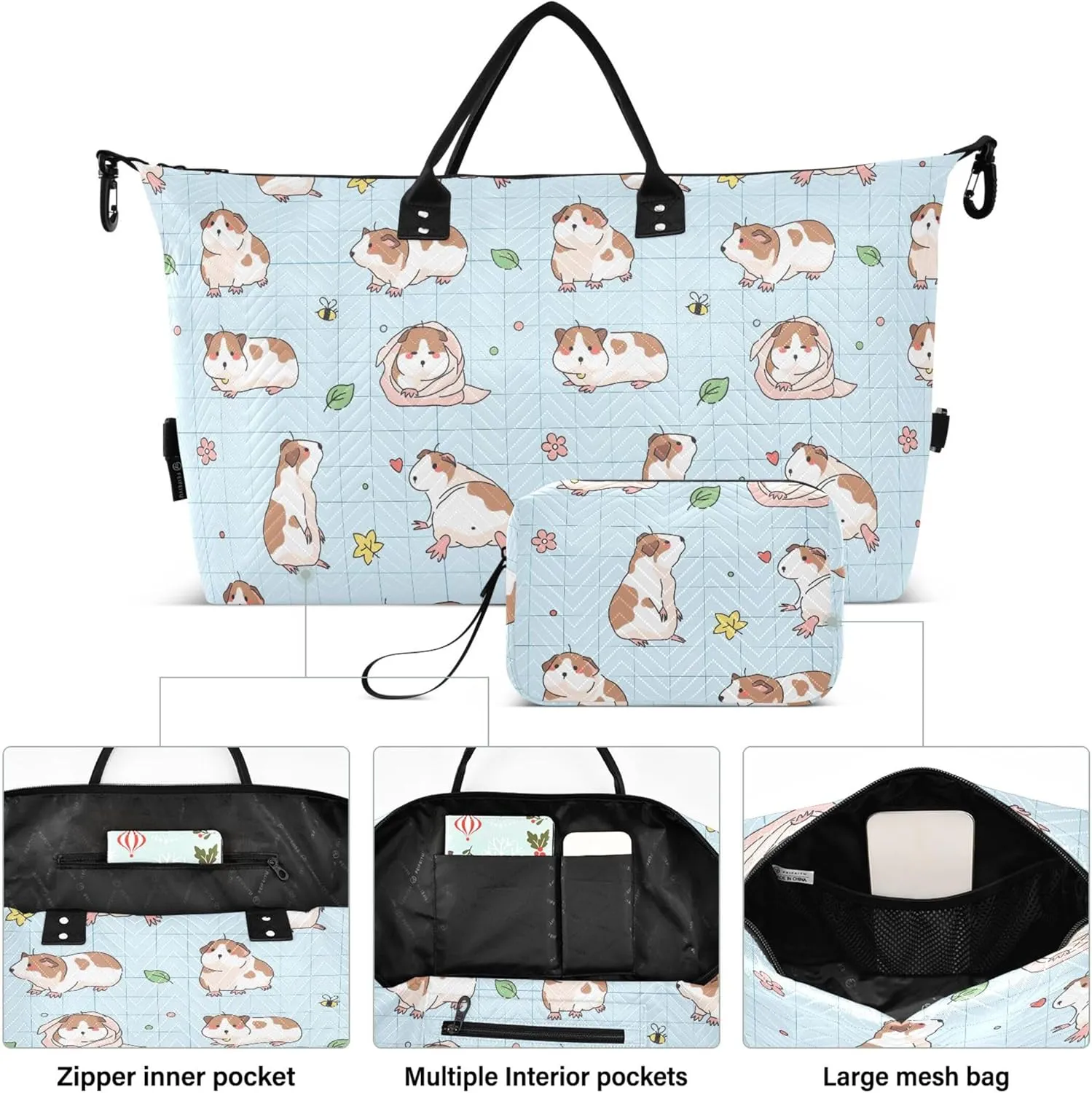 Cartoon Guinea Pigs Plaid Duffel Bag for Travel Toiletry Bags Set, Fun Women Luggage Set Traveling Bags
