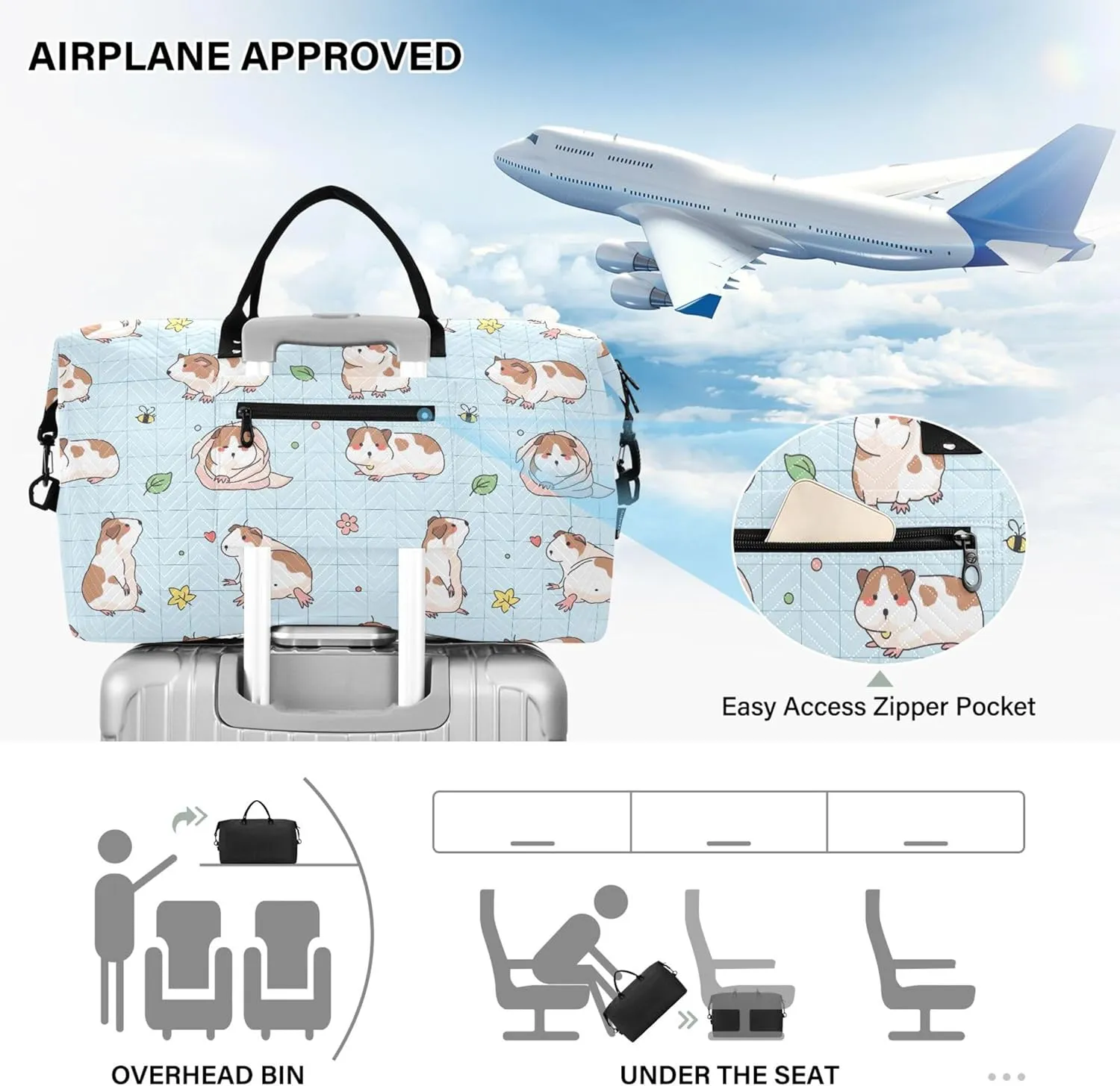 Cartoon Guinea Pigs Plaid Duffel Bag for Travel Toiletry Bags Set, Fun Women Luggage Set Traveling Bags