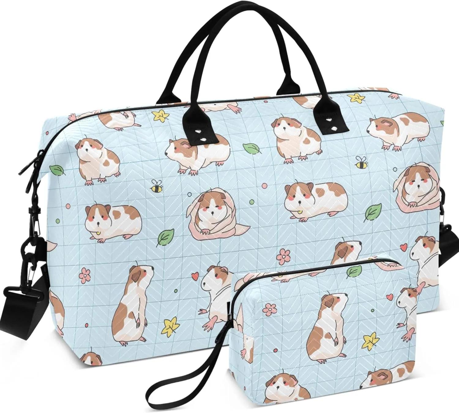 Cartoon Guinea Pigs Plaid Duffel Bag for Travel Toiletry Bags Set, Fun Women Luggage Set Traveling Bags