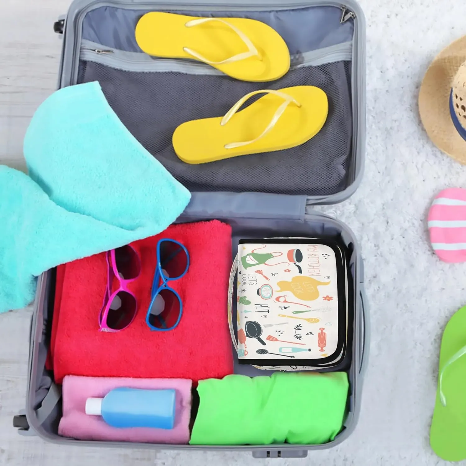 Cartoon Kitchenware Print Hanging Toiletry Bag Waterproof Makeup Cosmetic Bag Travel Bag Organizer for Accessories Shampoo Full Sized Container Travel-Essentials Toiletry Bag