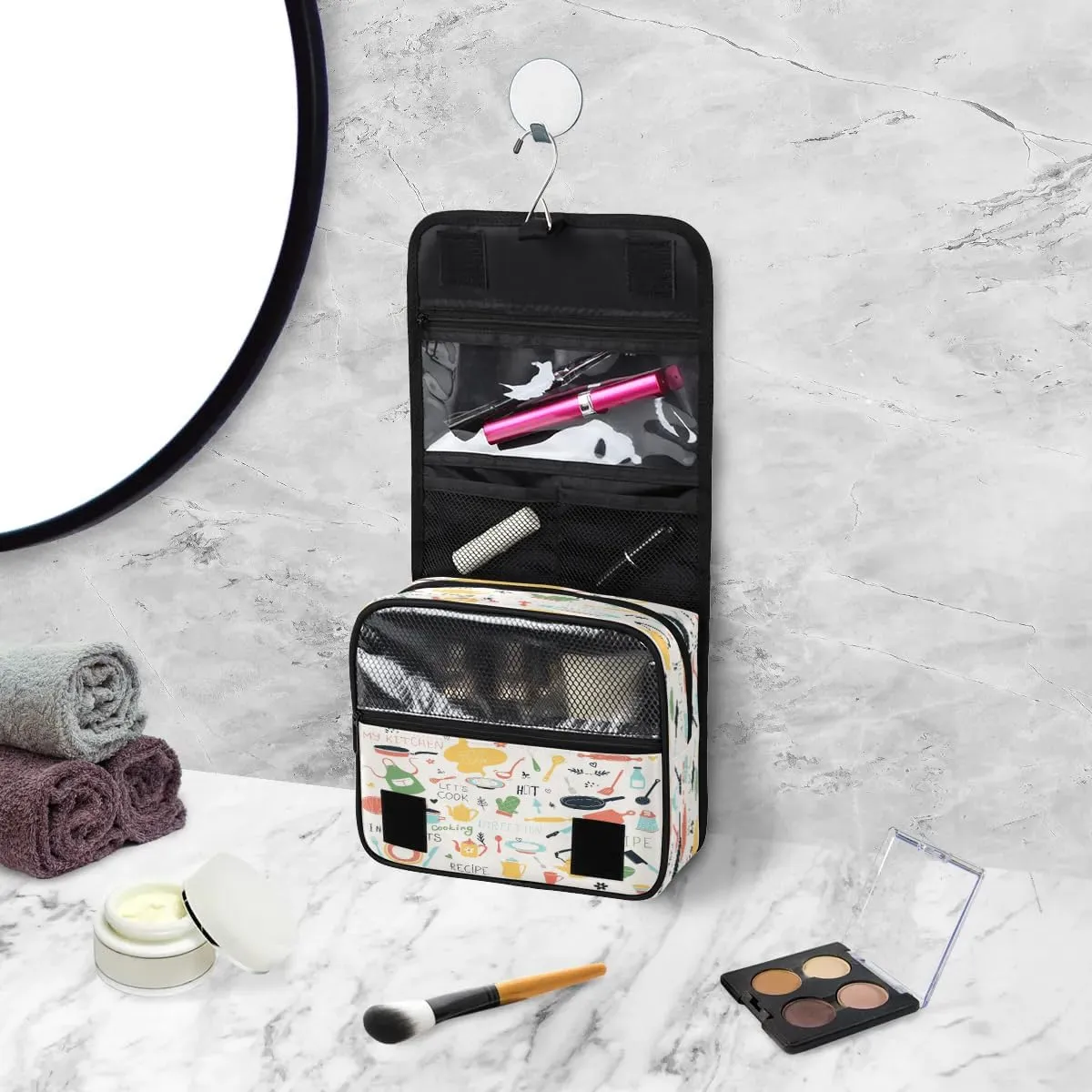 Cartoon Kitchenware Print Hanging Toiletry Bag Waterproof Makeup Cosmetic Bag Travel Bag Organizer for Accessories Shampoo Full Sized Container Travel-Essentials Toiletry Bag