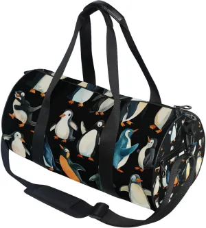 Cartoon Penguins Black Gym Duffle Bag Women Men Sports Fitness Bag for Travel Workout Gymnastics Dance Ballet