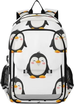 Cartoon Penguins White Backpacks Kids, Elementary School Backpack for Boys, Travel Bags for Kids
