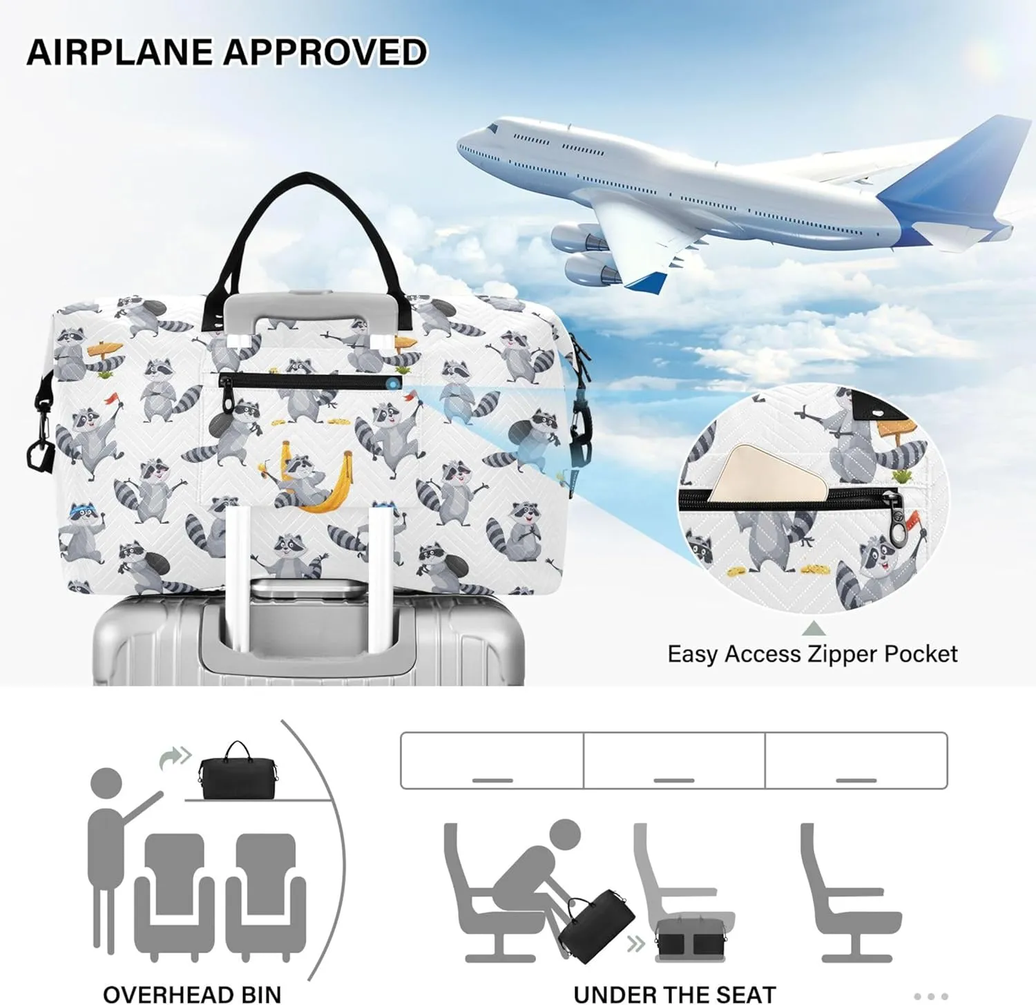 Cartoon Raccoon Gray Funny Travel Duffle Bags Toiletry Bag Set, Print Women Small Duffel Bag Carry on Tote