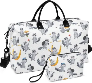 Cartoon Raccoon Gray Funny Travel Duffle Bags Toiletry Bag Set, Print Women Small Duffel Bag Carry on Tote