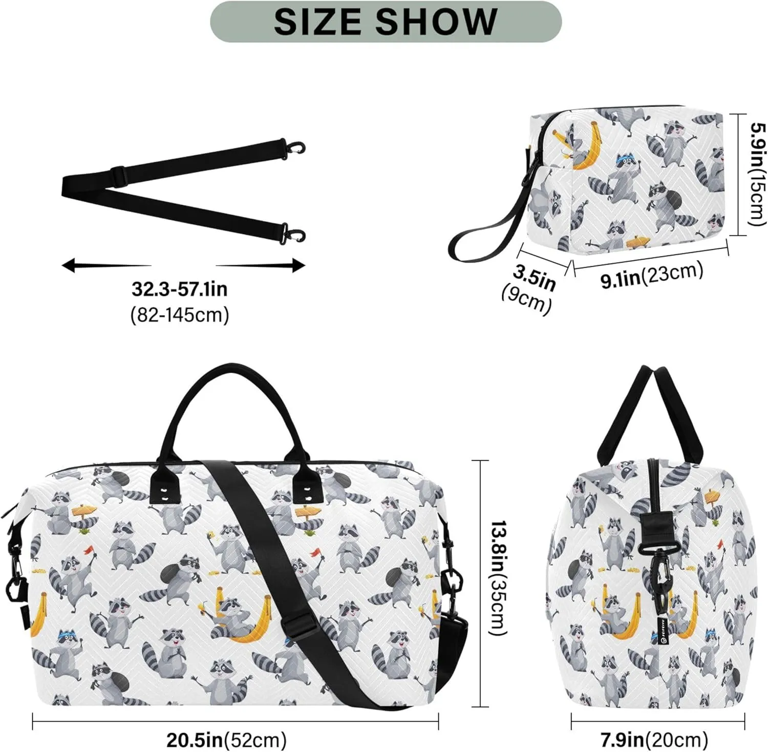 Cartoon Raccoon Gray Funny Travel Duffle Bags Toiletry Bag Set, Print Women Small Duffel Bag Carry on Tote