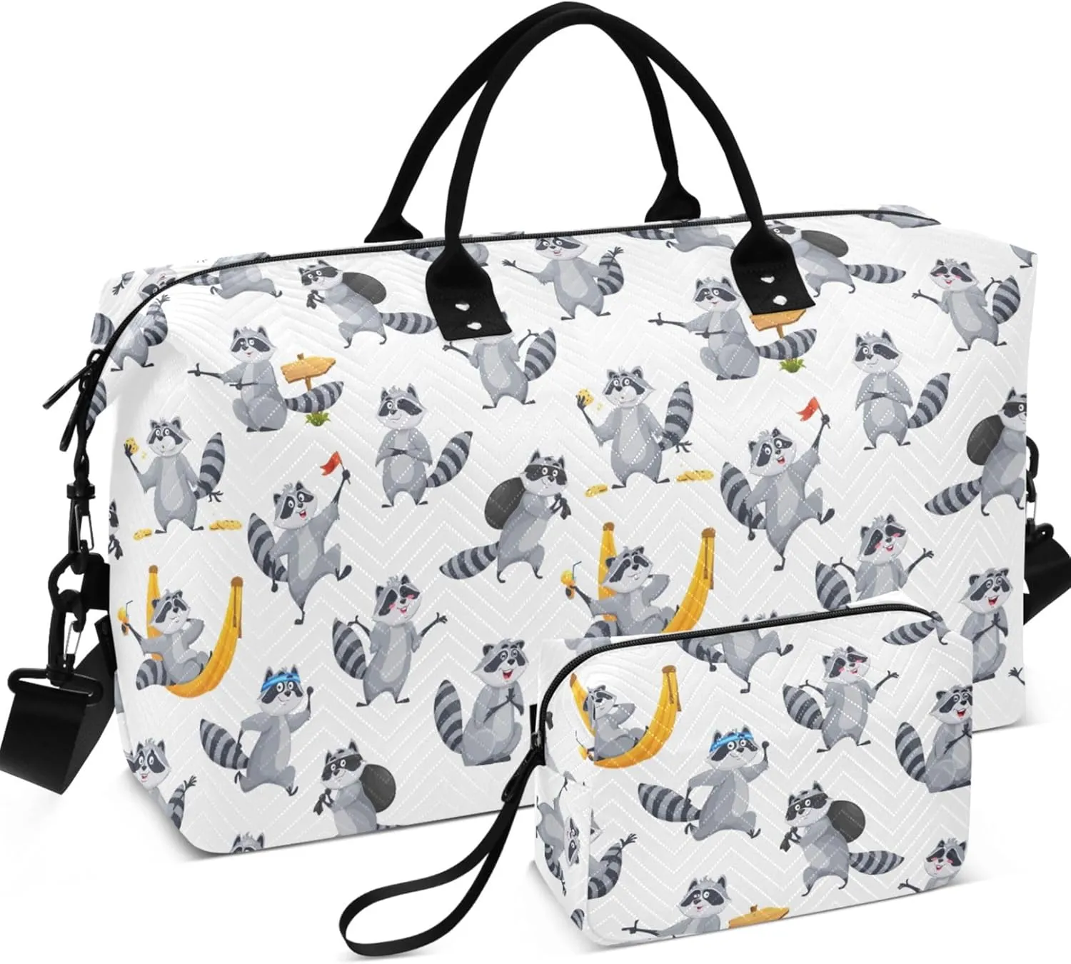 Cartoon Raccoon Gray Funny Travel Duffle Bags Toiletry Bag Set, Print Women Small Duffel Bag Carry on Tote
