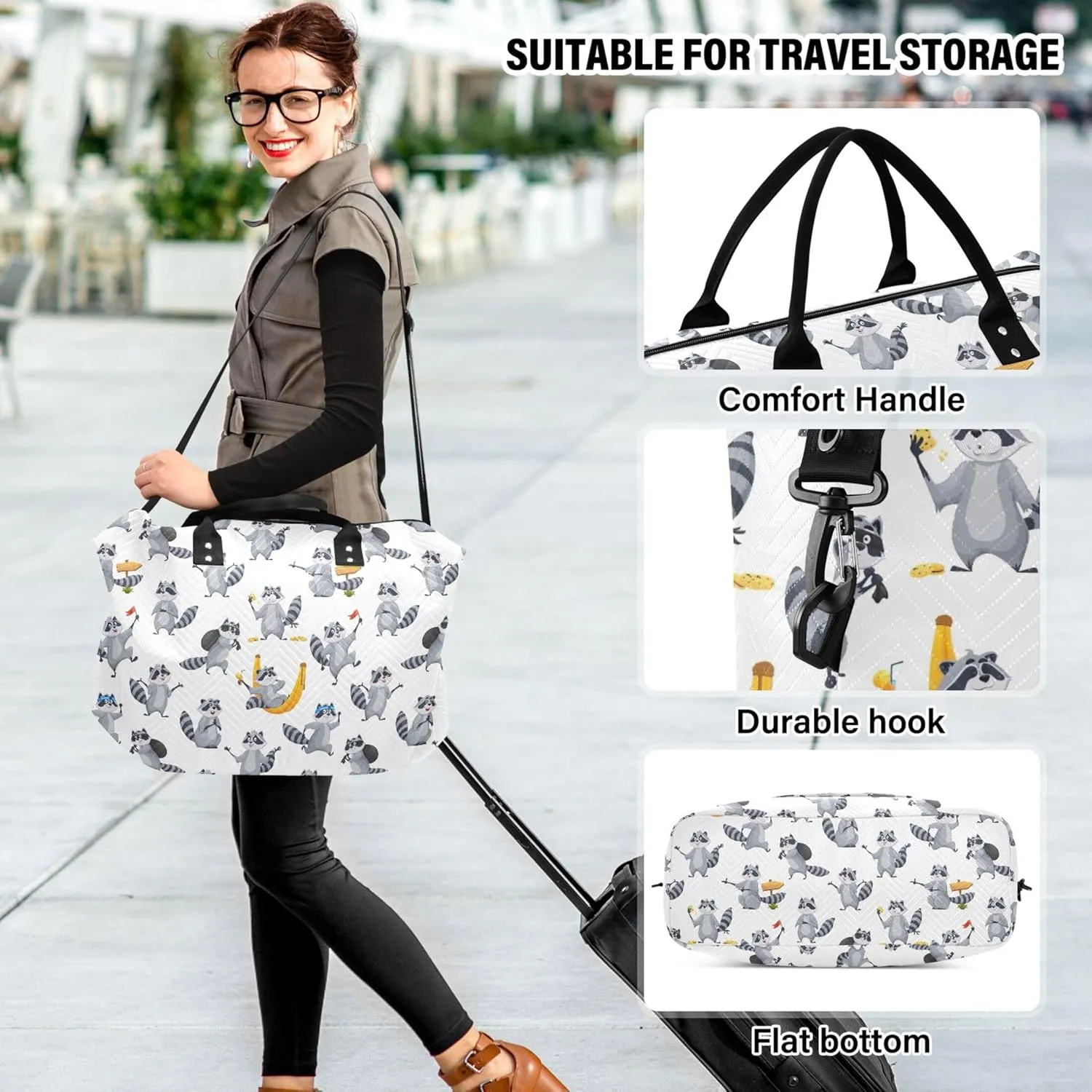 Cartoon Raccoon Gray Funny Travel Duffle Bags Toiletry Bag Set, Print Women Small Duffel Bag Carry on Tote