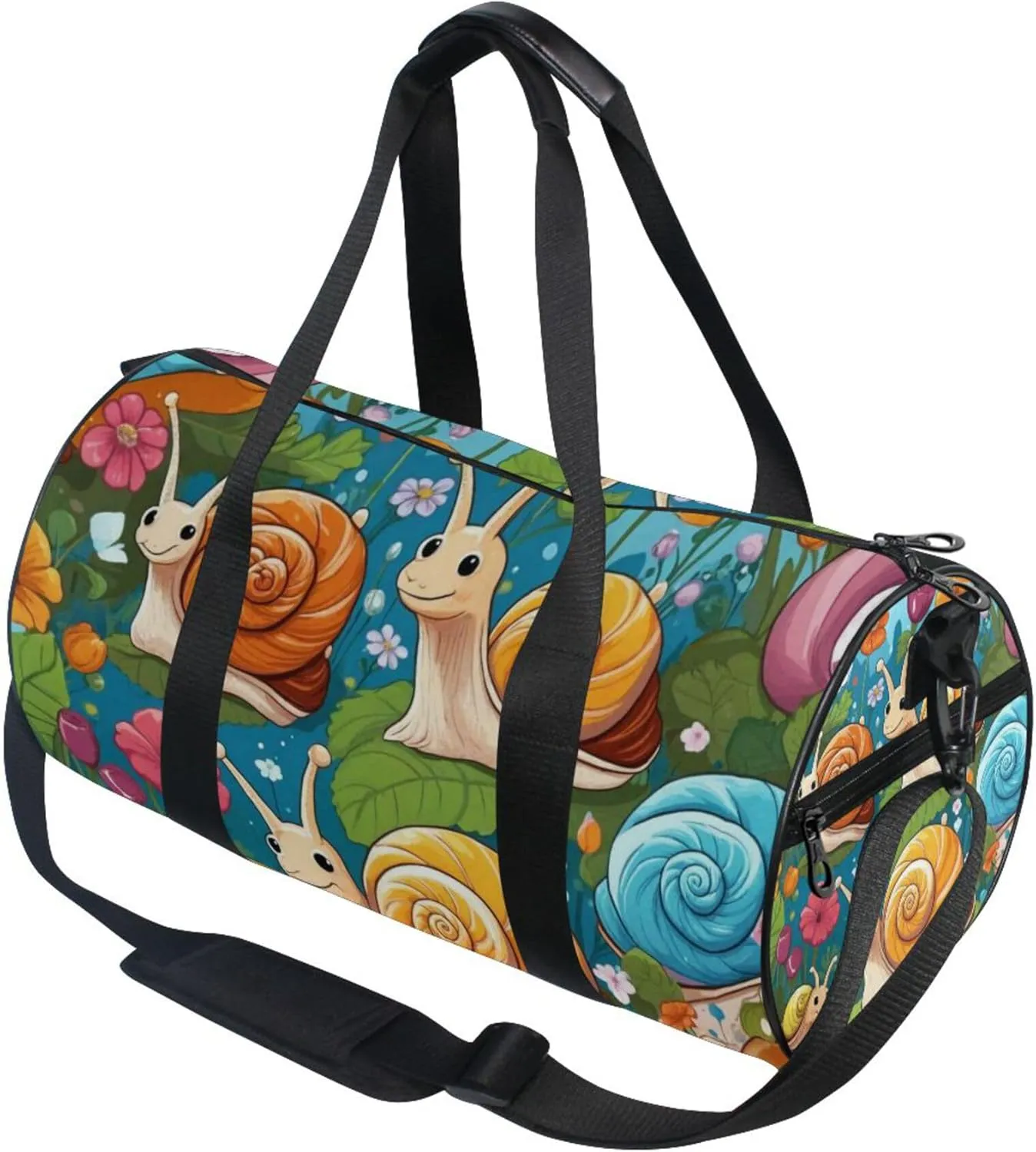 Cartoon Snails and Flowers Gym Duffle Bag Women Men Sports Fitness Bag for Travel Workout Gymnastics Dance Ballet