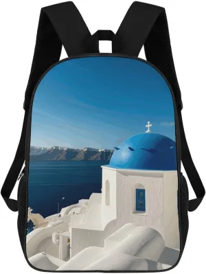 Casual Backpack for Men Women Waterproof Lightweight Daypack Travel Laptop Bag Santorini Greek Island Sea View
