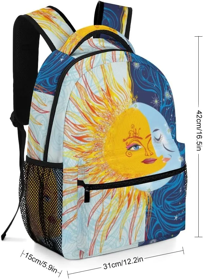 Casual Daypacks Backpacks Laptop Backpack Day Night Sun Moon Yellow Work Bussiness School Students Bookbag Travel Hiking Gym Bags Waterproof Lightweight Women Men 16.5x12x6 Inch