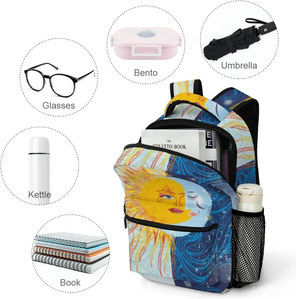 Casual Daypacks Backpacks Laptop Backpack Day Night Sun Moon Yellow Work Bussiness School Students Bookbag Travel Hiking Gym Bags Waterproof Lightweight Women Men 16.5x12x6 Inch