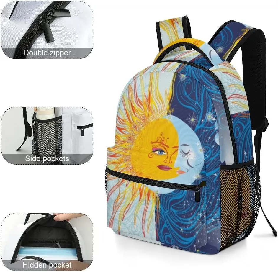 Casual Daypacks Backpacks Laptop Backpack Day Night Sun Moon Yellow Work Bussiness School Students Bookbag Travel Hiking Gym Bags Waterproof Lightweight Women Men 16.5x12x6 Inch