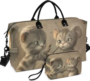 Cat Mouse Haircut Funny Duffel Bag for Travel Makeup Bag Set of 2, Fun Women Gym Bag Small Duffle Carry on Bag