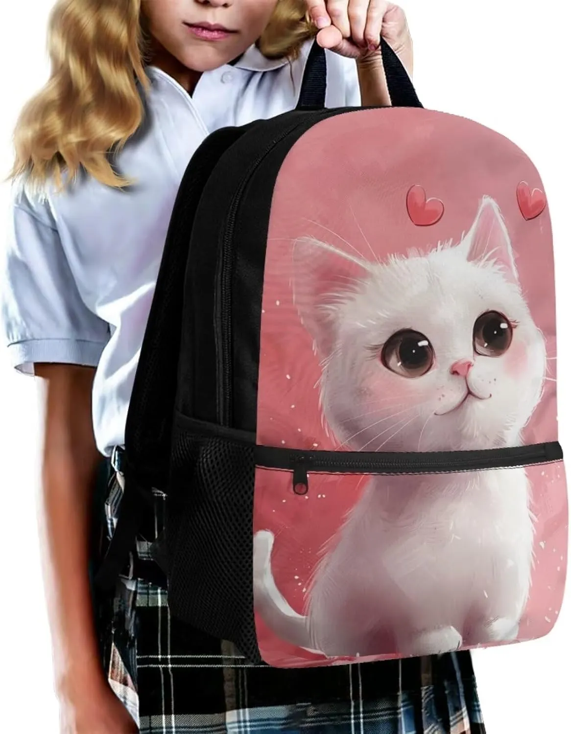 Cat School Backpack for Girls 8-10 Cute Schoolbag Kids 17 inch Large Book Bags Elementary 3rd Grade School Bag Student Hiking Camping Backpacks Lightweight Travel Shoulder Bag Computer Bags