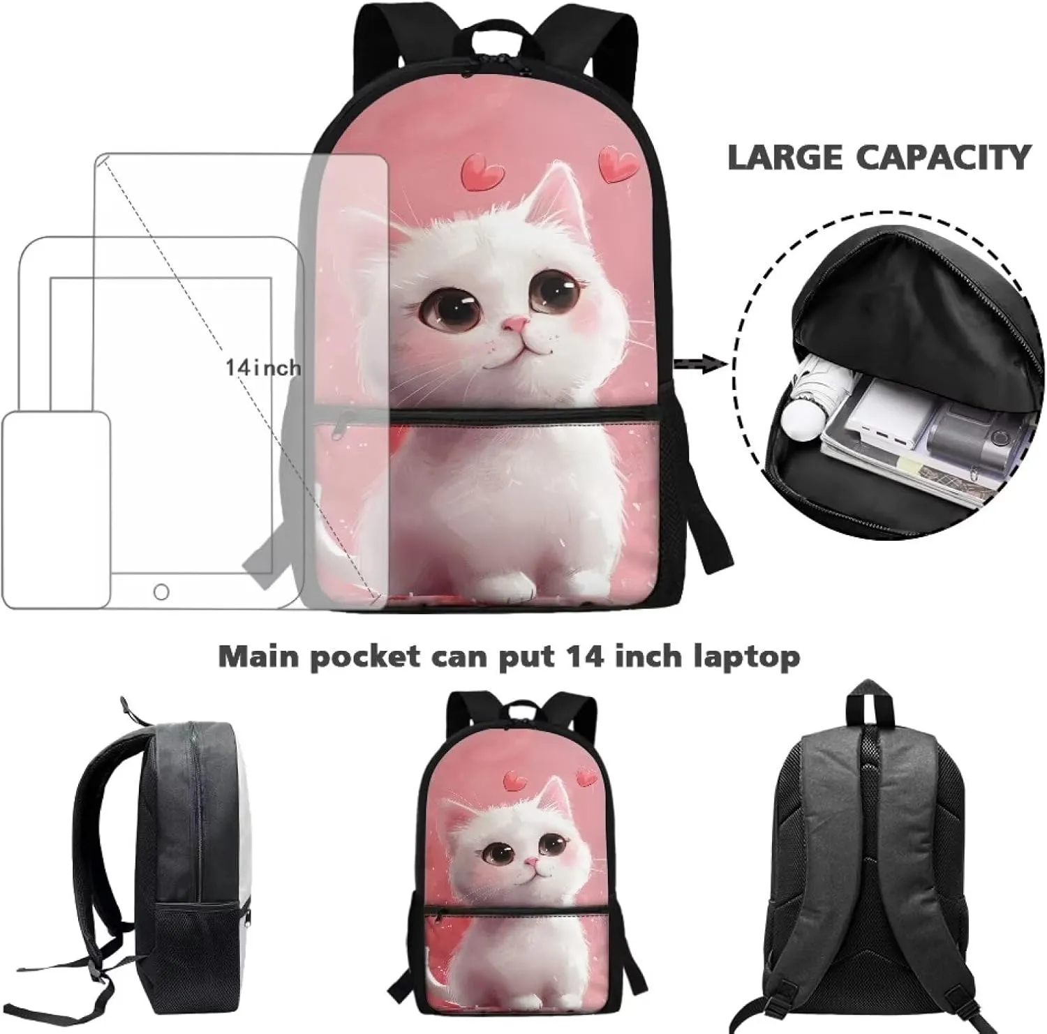 Cat School Backpack for Girls 8-10 Cute Schoolbag Kids 17 inch Large Book Bags Elementary 3rd Grade School Bag Student Hiking Camping Backpacks Lightweight Travel Shoulder Bag Computer Bags