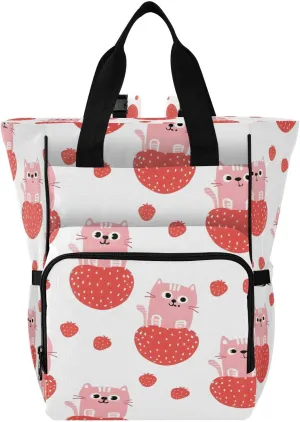 Cat Strawberries Diaper Bag Backpack, Unisex Travel Baby Backpack Diaper Bags with Stroller Straps & Pacifier Case, Large Capacity Waterproof Diaper Backpack