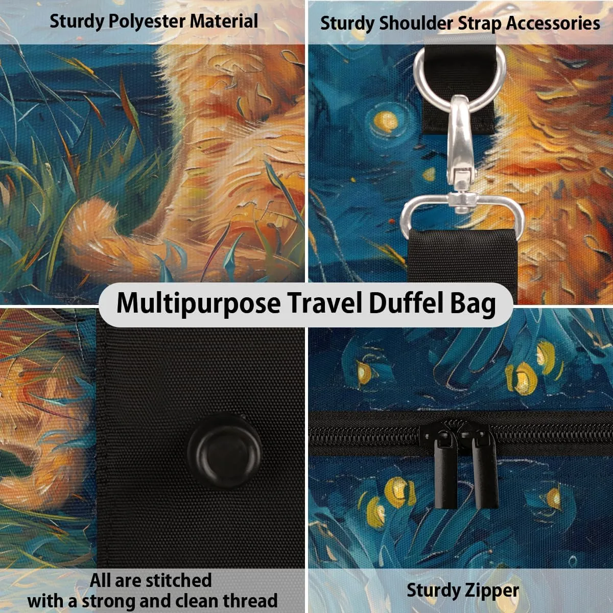 Cat Themed Travel Duffle Bag, Sports Gym Bags for Women Men, Carry On Weekender Overnight Workout Airplane Trips Bag