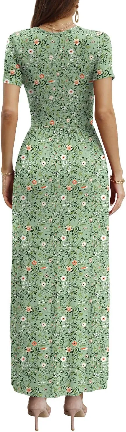 CATHY Women Short Sleeve Deep V-Neck Casual Long Dress Sexy Pleated Waist Maxi Dresses with Pockets