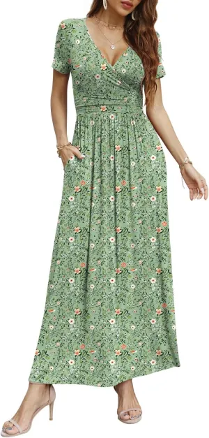 CATHY Women Short Sleeve Deep V-Neck Casual Long Dress Sexy Pleated Waist Maxi Dresses with Pockets