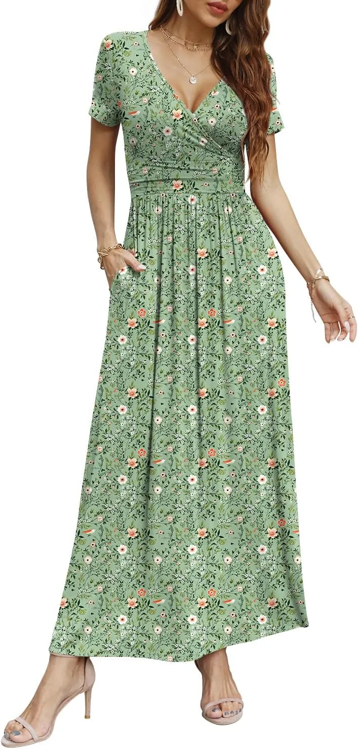 CATHY Women Short Sleeve Deep V-Neck Casual Long Dress Sexy Pleated Waist Maxi Dresses with Pockets