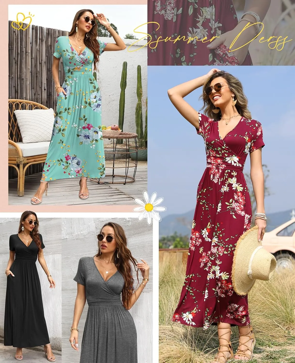 CATHY Women Short Sleeve Deep V-Neck Casual Long Dress Sexy Pleated Waist Maxi Dresses with Pockets