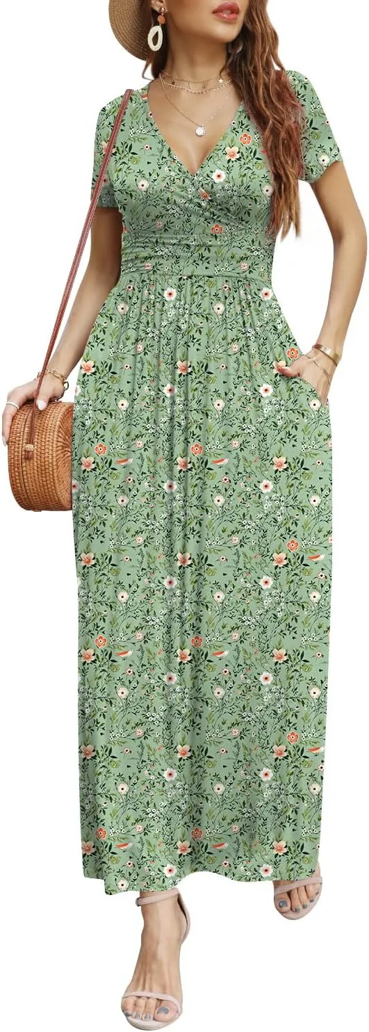 CATHY Women Short Sleeve Deep V-Neck Casual Long Dress Sexy Pleated Waist Maxi Dresses with Pockets