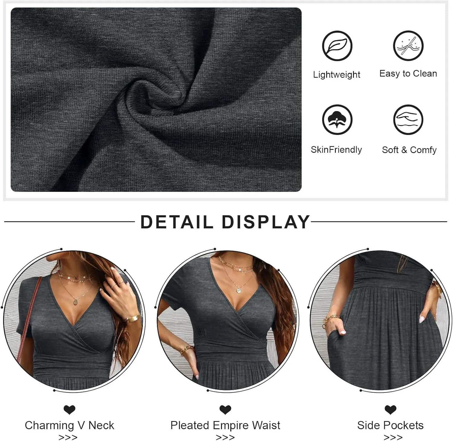 CATHY Women Short Sleeve Deep V-Neck Casual Long Dress Sexy Pleated Waist Maxi Dresses with Pockets