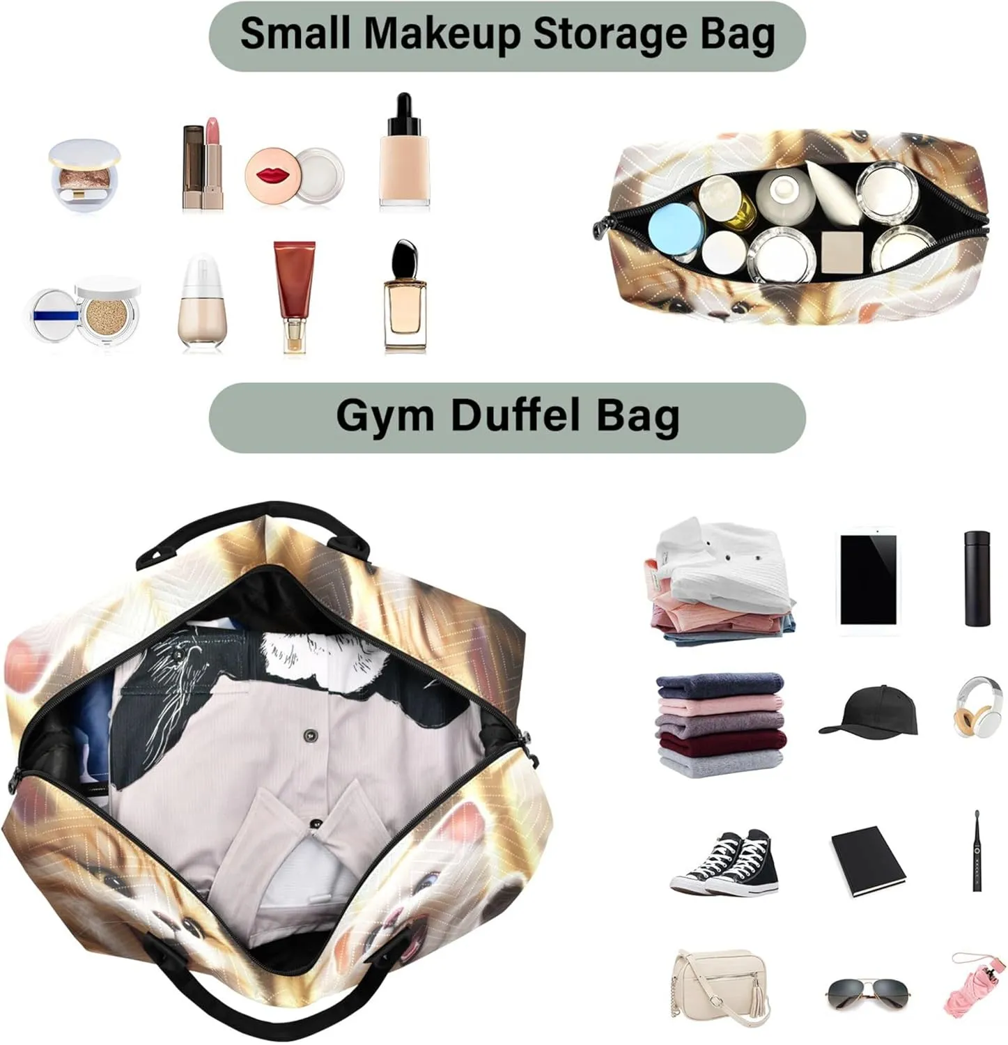 Cats Cookie Travel Duffel Bag Make up Bags Set of 2, Print Women Tote Gym Bag Carry on Bags