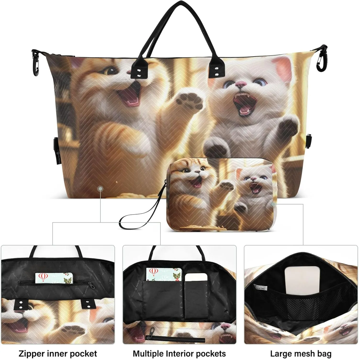 Cats Cookie Travel Duffel Bag Make up Bags Set of 2, Print Women Tote Gym Bag Carry on Bags