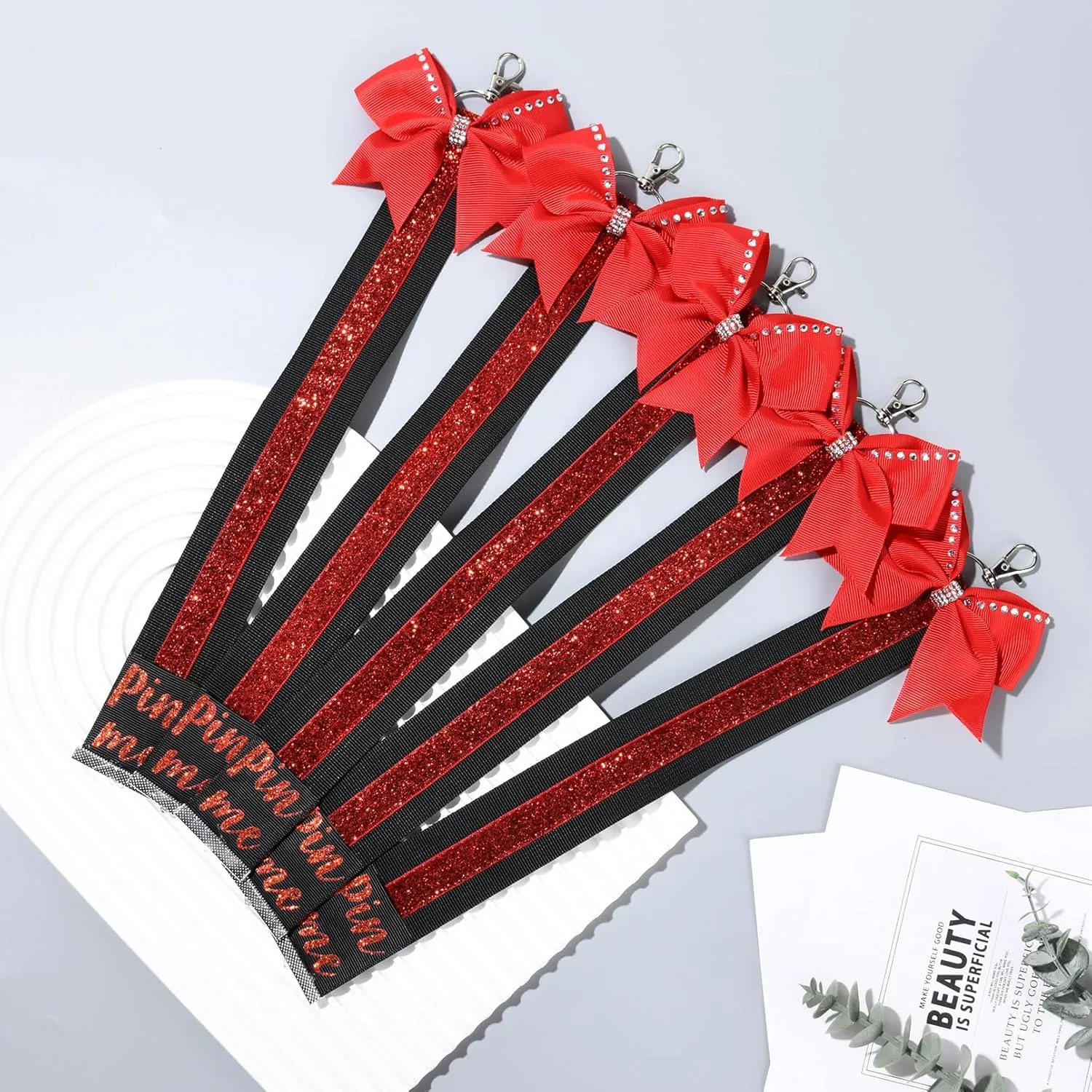 CEELGON Cheer Ribbon for Backpack, Glitter Pin Strap, Cheer Keychain Bulk Gifts, Cheerleader Bag Tag Holder