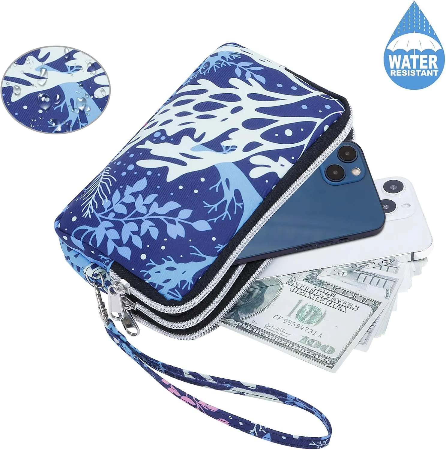 Cellphone Wristlet Wallets for Women Large Capacity Clutch Purse 3 Zipper Compartments 6 Card Slots Anti-water Handbag