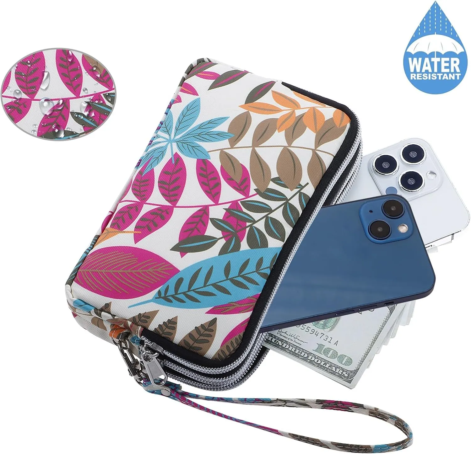 Cellphone Wristlet Wallets for Women Large Capacity Clutch Purse 3 Zipper Compartments 6 Card Slots Anti-water Handbag