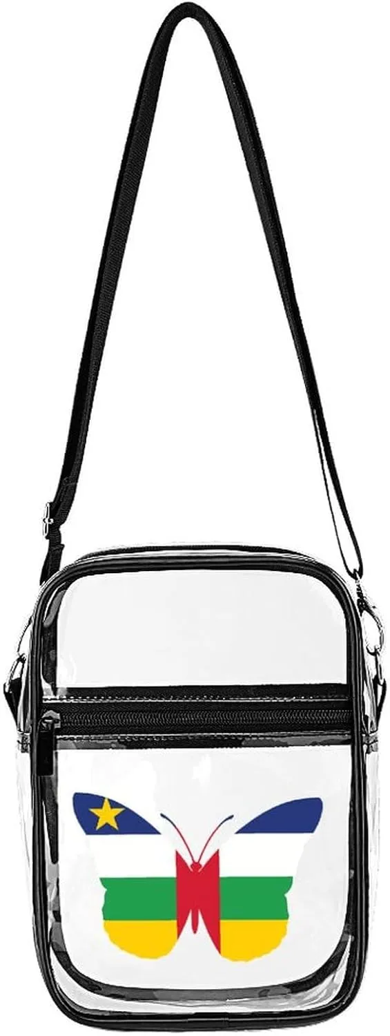 Central African Republic Flag Butterflies Cute Crossbody Purses Unisex Transparent Shoulder Bag Adjustable Strap Handbag