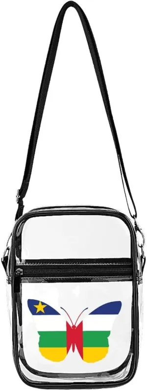 Central African Republic Flag Butterflies Cute Crossbody Purses Unisex Transparent Shoulder Bag Adjustable Strap Handbag