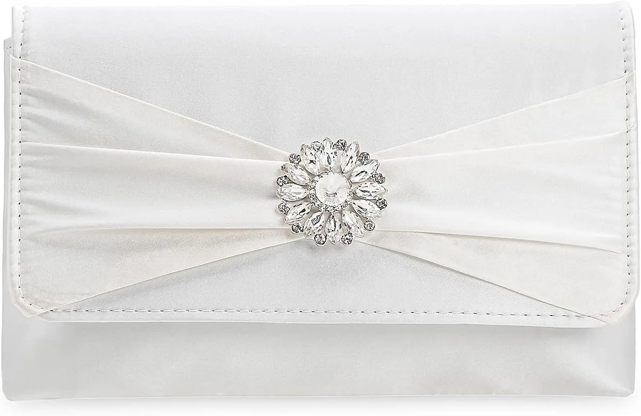 CHARMING TAILOR Evening Bag for Women Pleated Flap Satin Formal Purse Diamantes Brooch Embellished Clutch