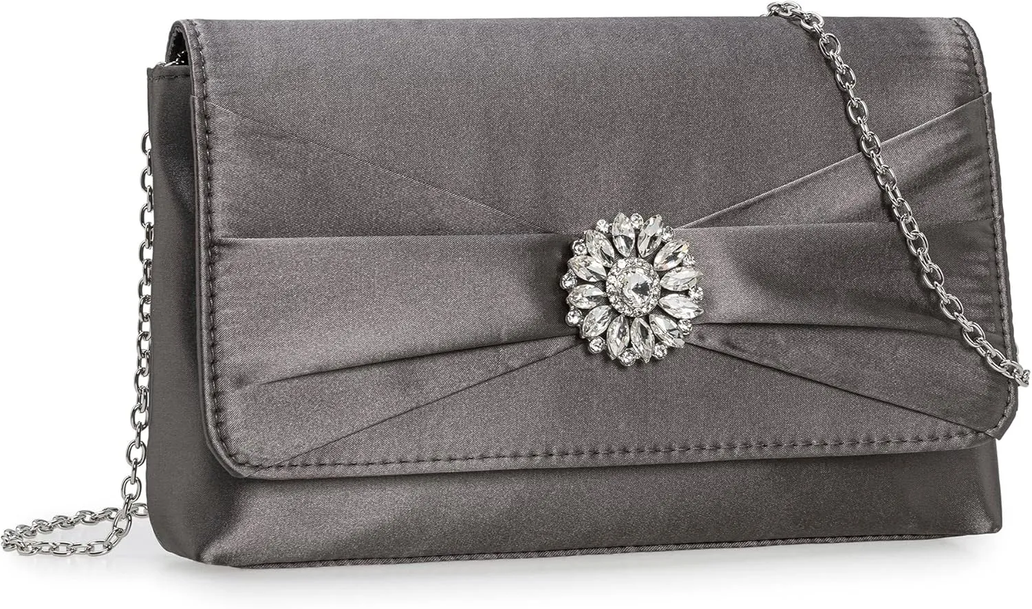 CHARMING TAILOR Evening Bag for Women Pleated Flap Satin Formal Purse Diamantes Brooch Embellished Clutch